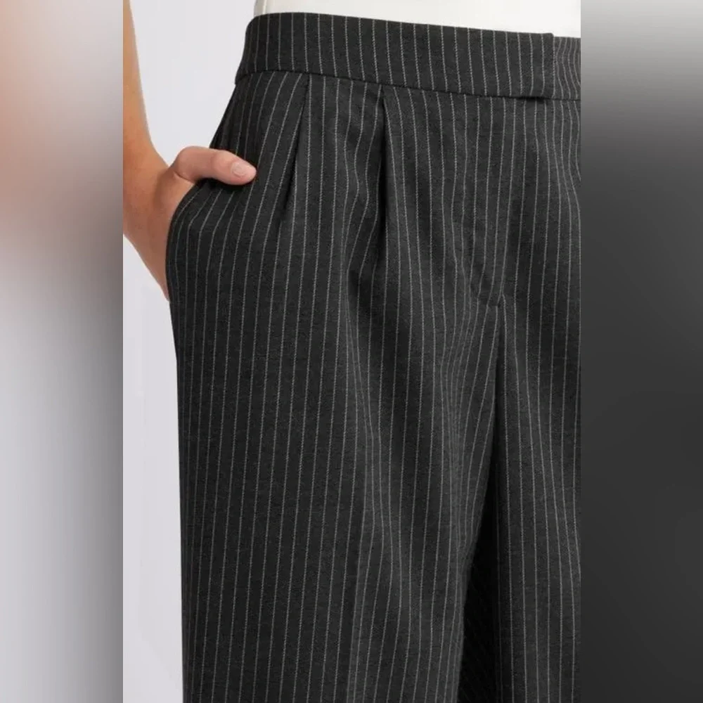 OPEN EDIT Gray pinstriped wide leg pleated front pants size S - Picture 2 of 16